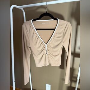 Abercrombie & Fitch Beige Long Sleeve Ruched Top